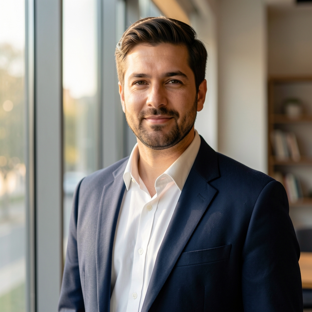 Editorial portrait of a man standing beside a tall window with morning light, relaxed professional setting, colour photograph