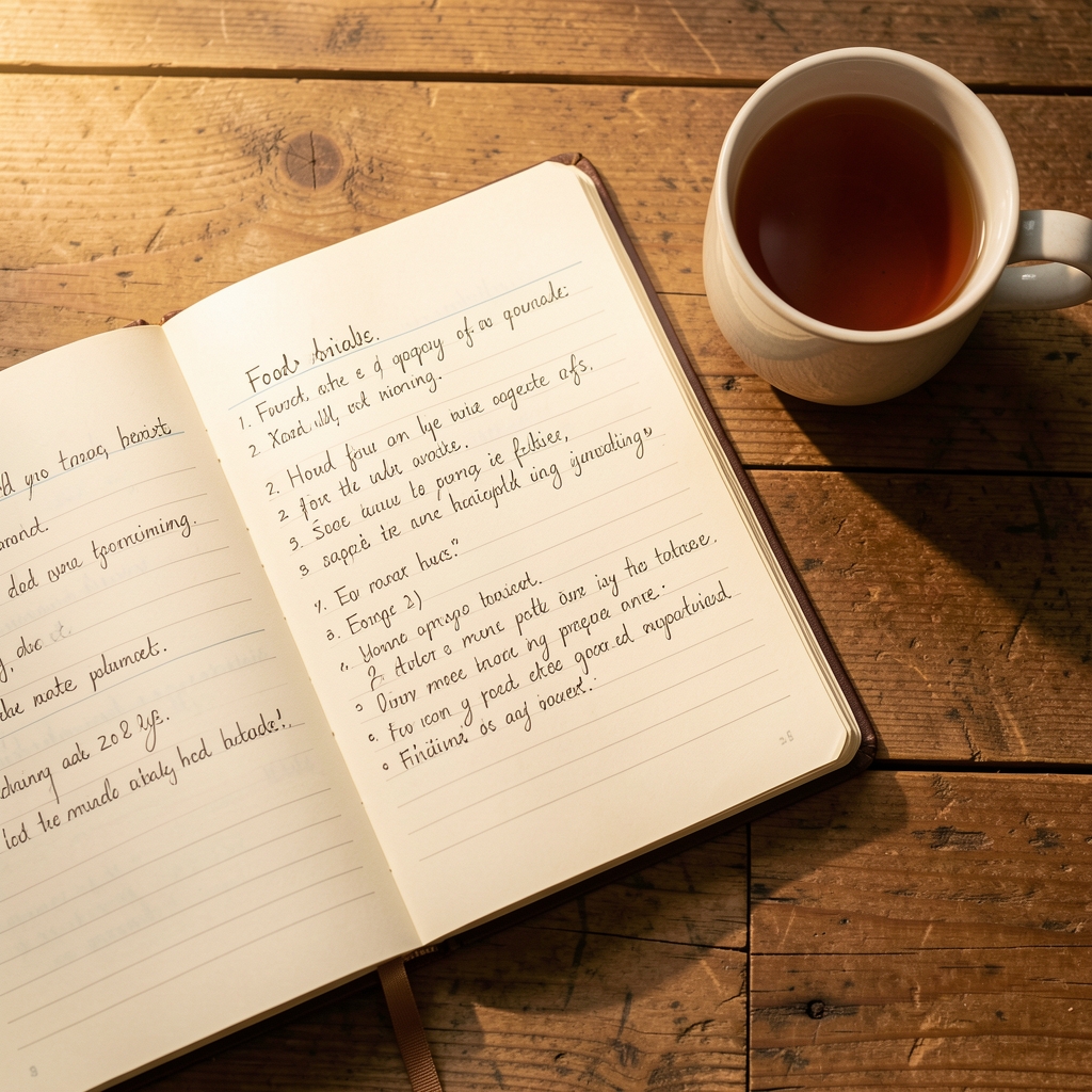 Open notebook with handwritten food journal entries beside a cup of tea on a wooden table, top-down editorial photograph in warm morning light