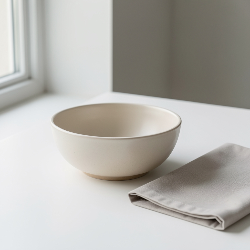 Empty ceramic bowl on a clean white surface beside a folded napkin, editorial still life with side window light, minimalist composition