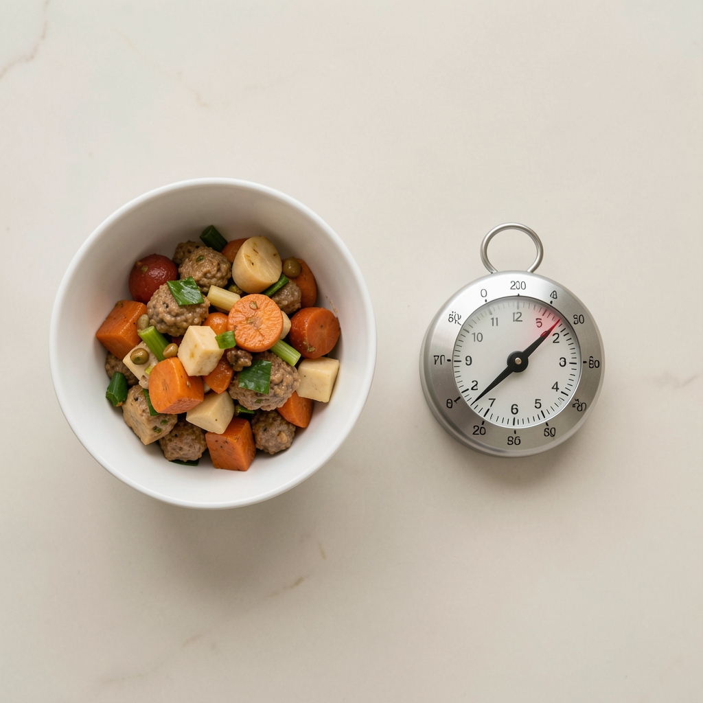 Kitchen timer placed next to a simple bowl of food on a pale surface, top-down editorial photograph with clean natural light