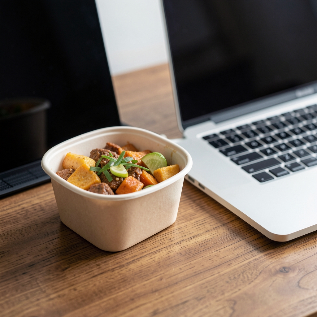 Takeaway food container placed on a wooden desk surface beside a laptop, editorial documentary photograph